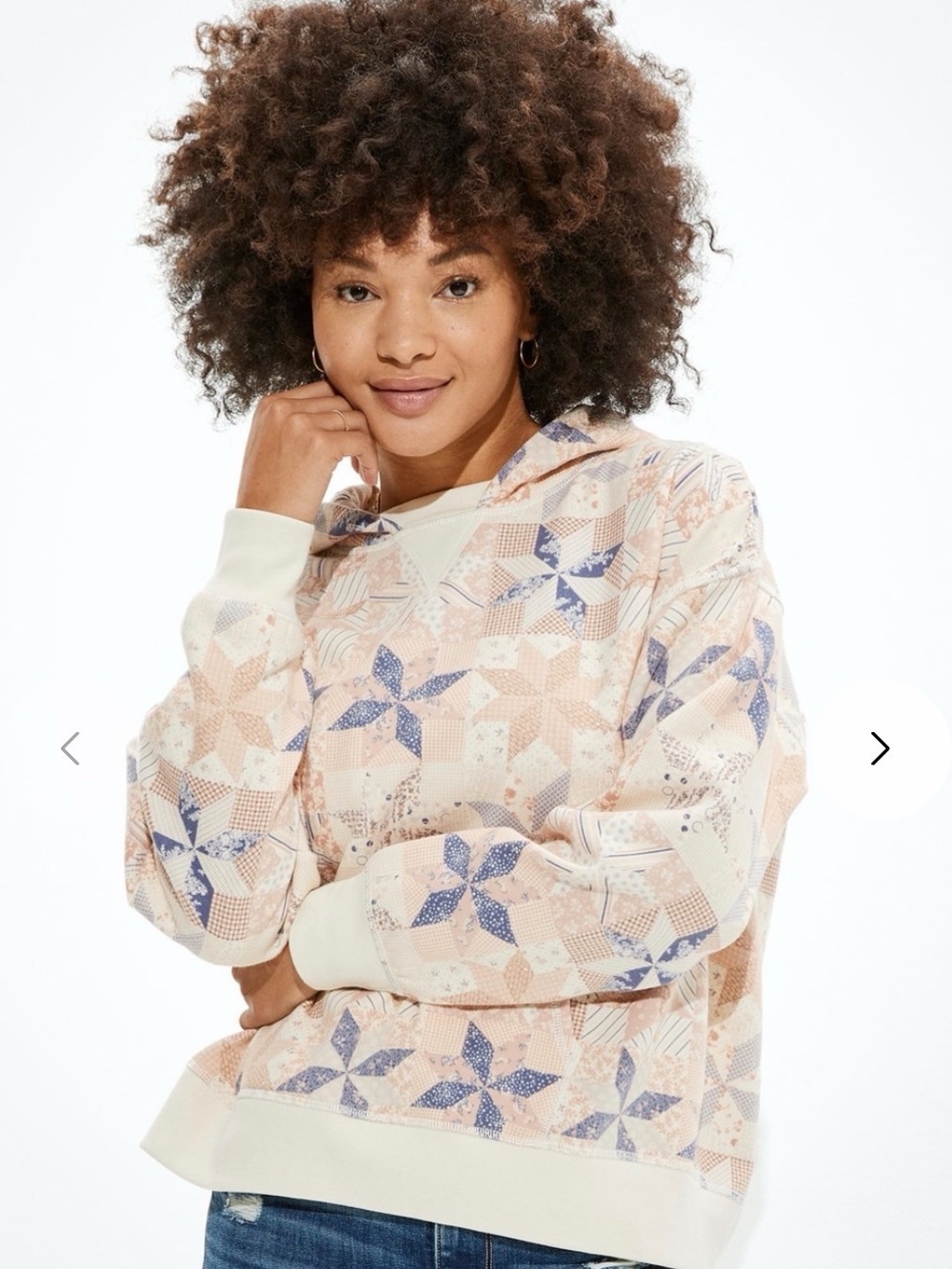 Aeropostale Women's Oversized Patchwork Hooded Pullover - Cream, Tan & Blue